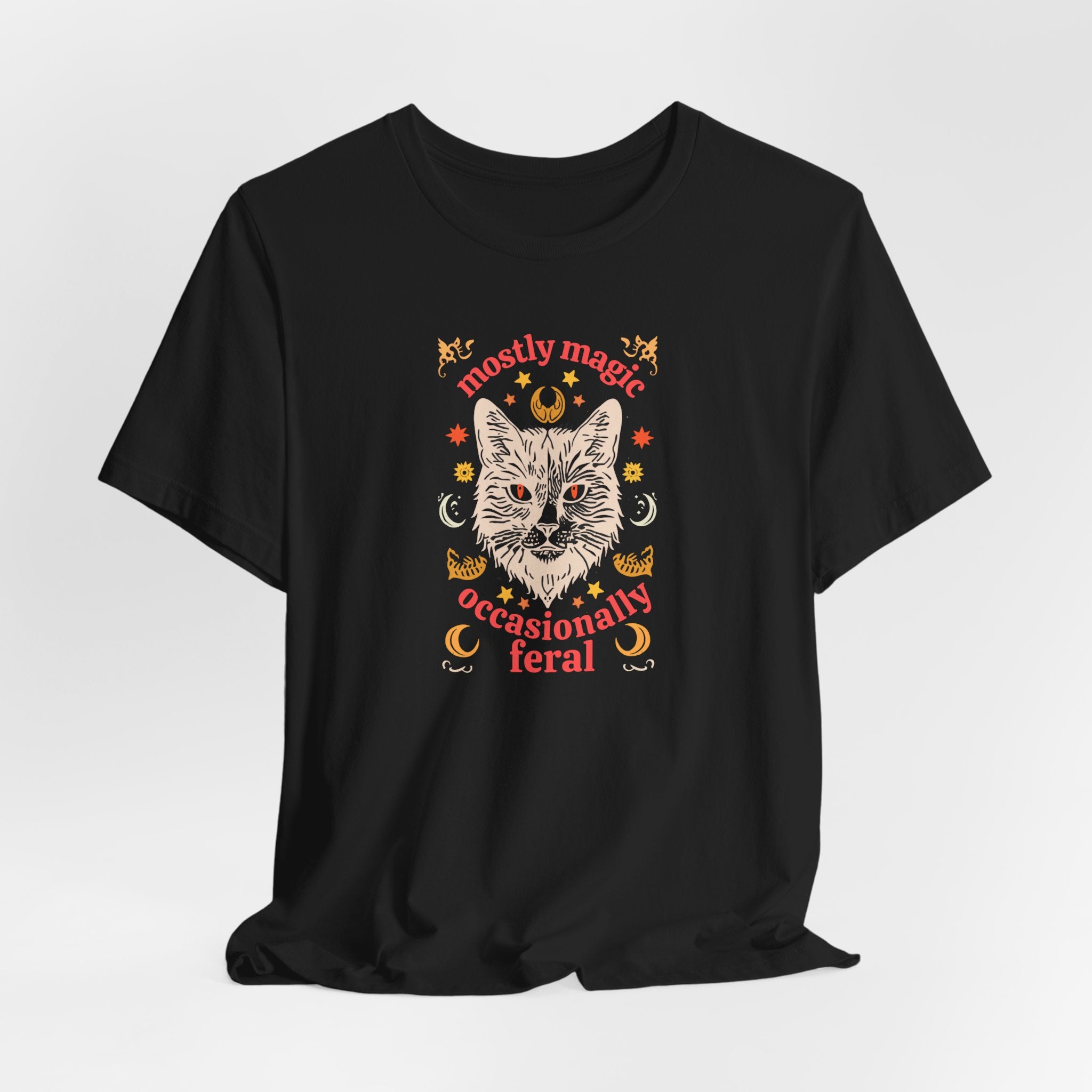 Mostly Magic Occasionally Feral Shirt, Mystical Cat Graphic Tee Women, Witchy Cat Lover Gift, Funny Celestial T-Shirt