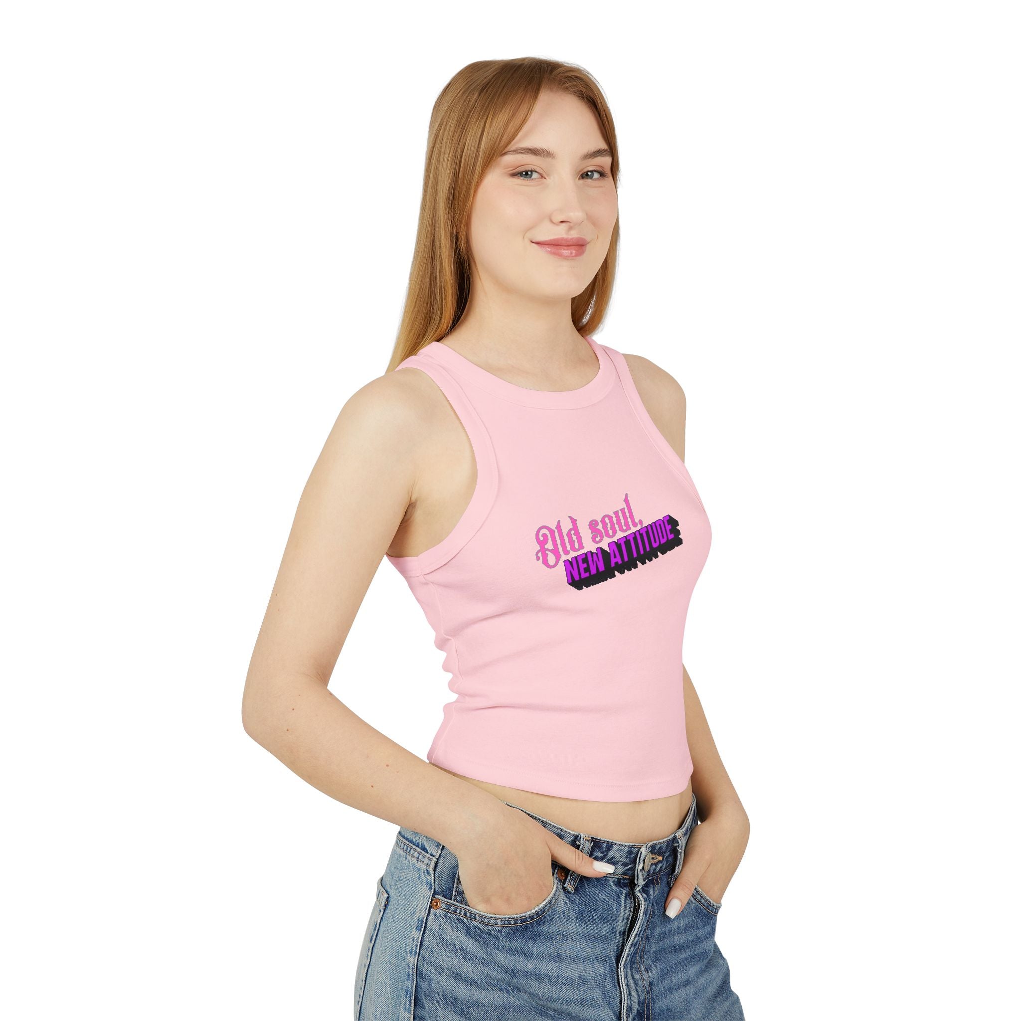 Old Soul New Attitude Tank Top | Retro Script, Pink & Black Text