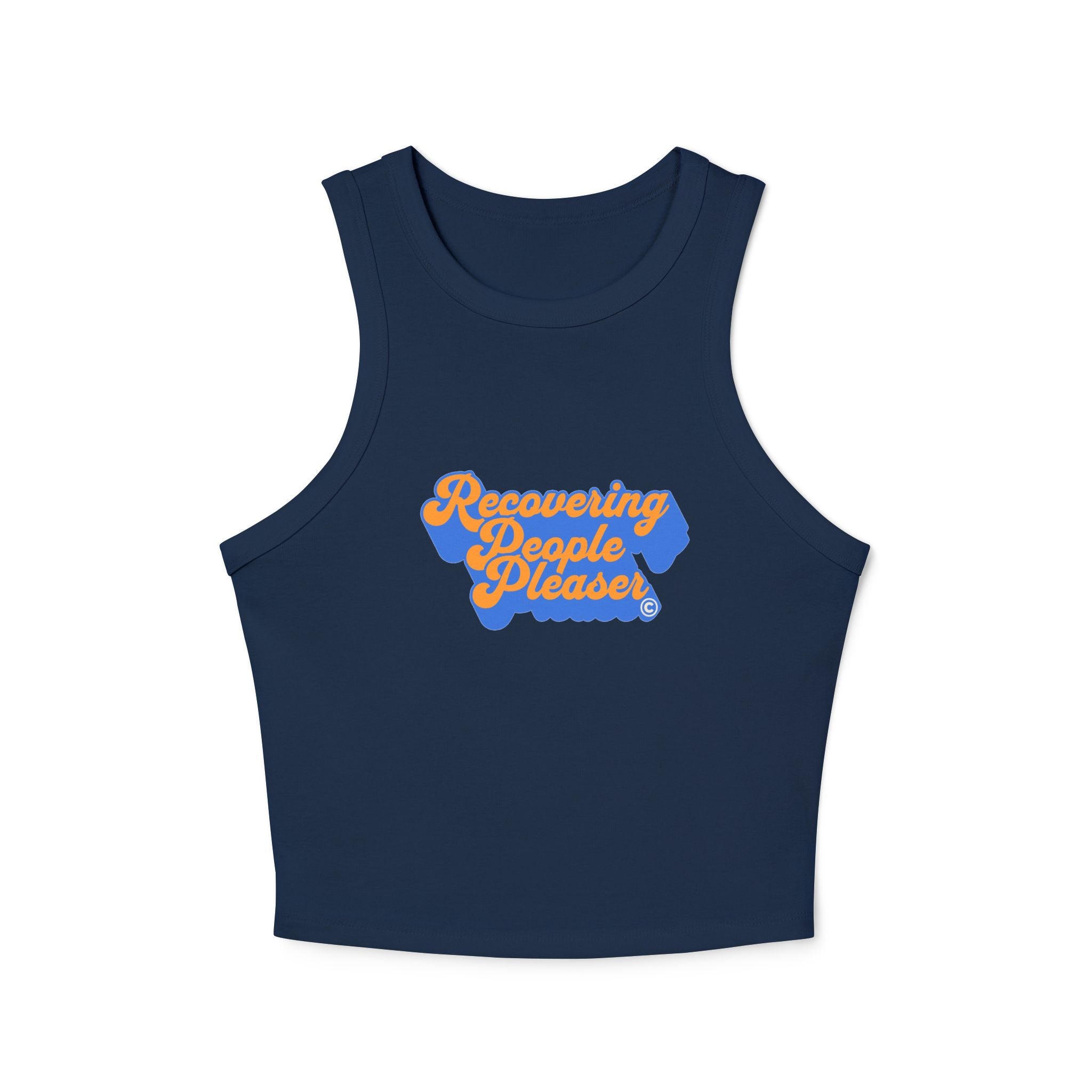 Recovering People Pleaser Racer Tank Top | Retro Script Mental Health (orange on blue)