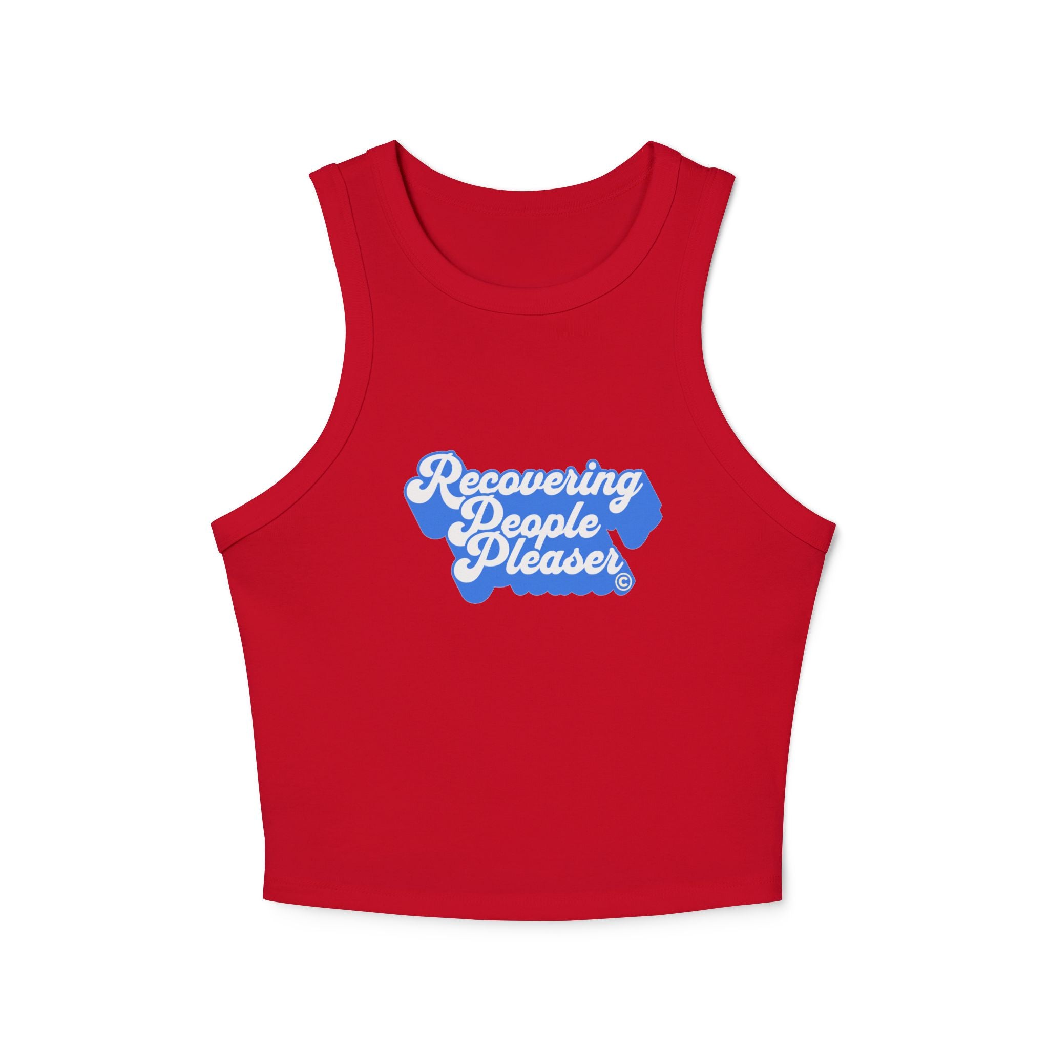 Recovering People Pleaser Racer Tank Top (White on Blue)