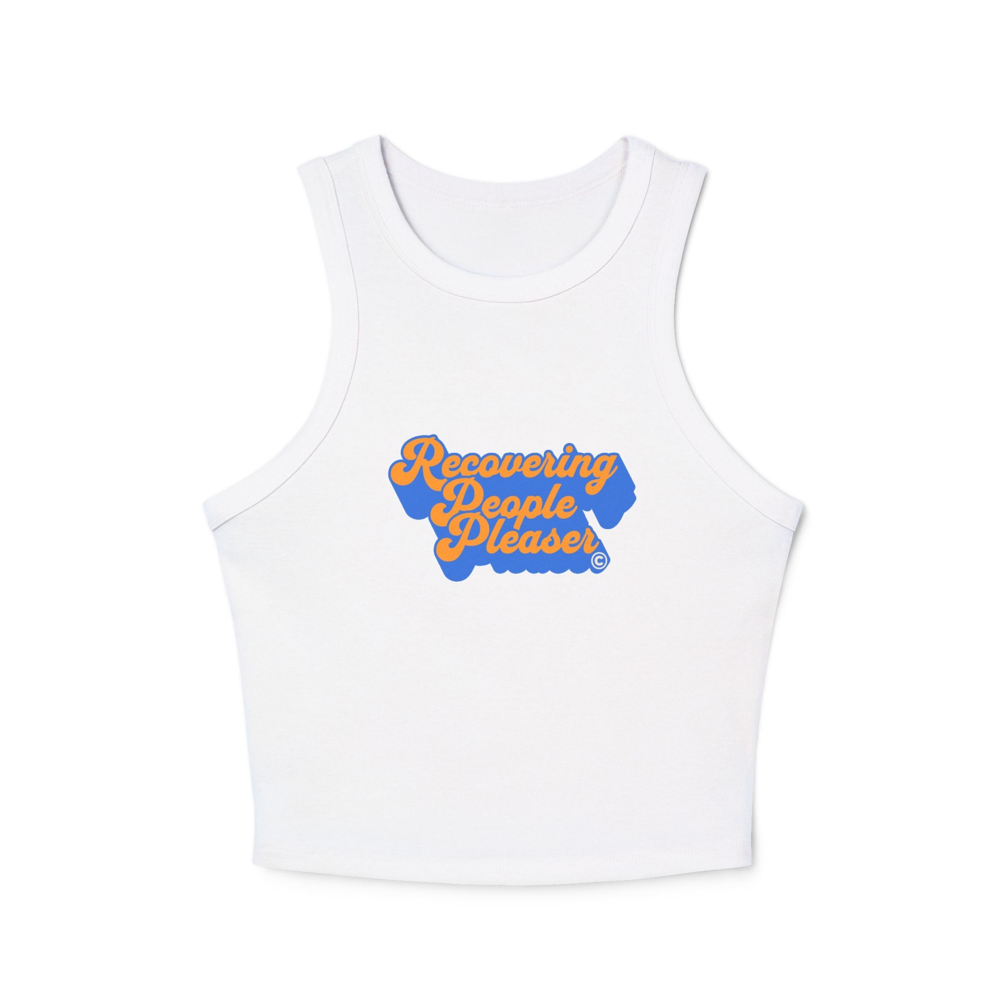 Recovering People Pleaser Racer Tank Top | Retro Script Mental Health (orange on blue)