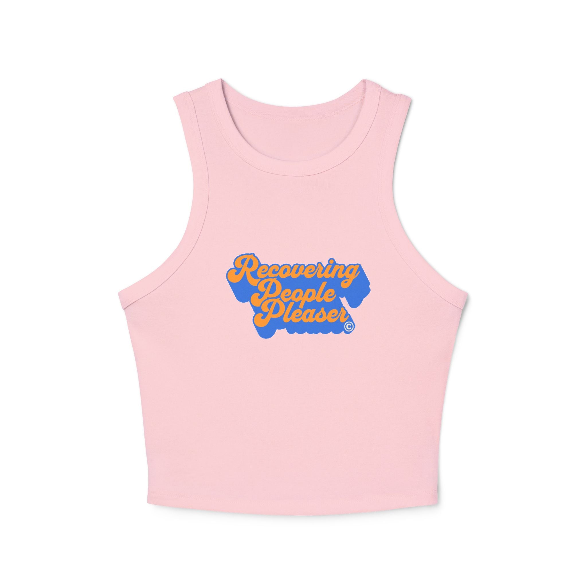 Recovering People Pleaser Racer Tank Top | Retro Script Mental Health (orange on blue)