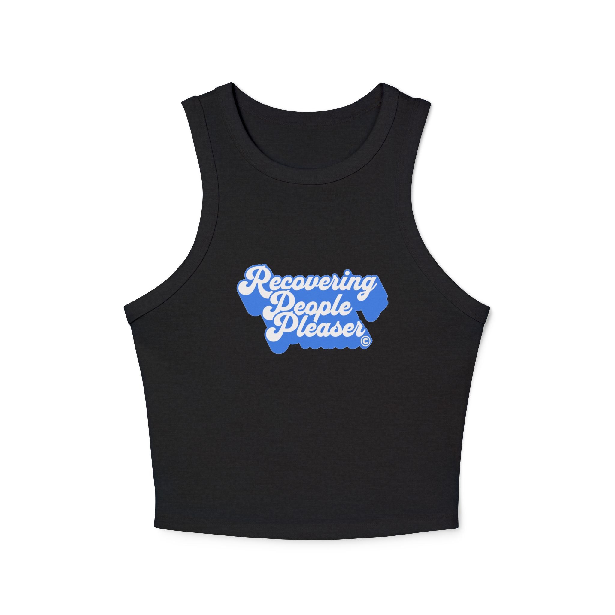 Recovering People Pleaser Racer Tank Top (White on Blue)