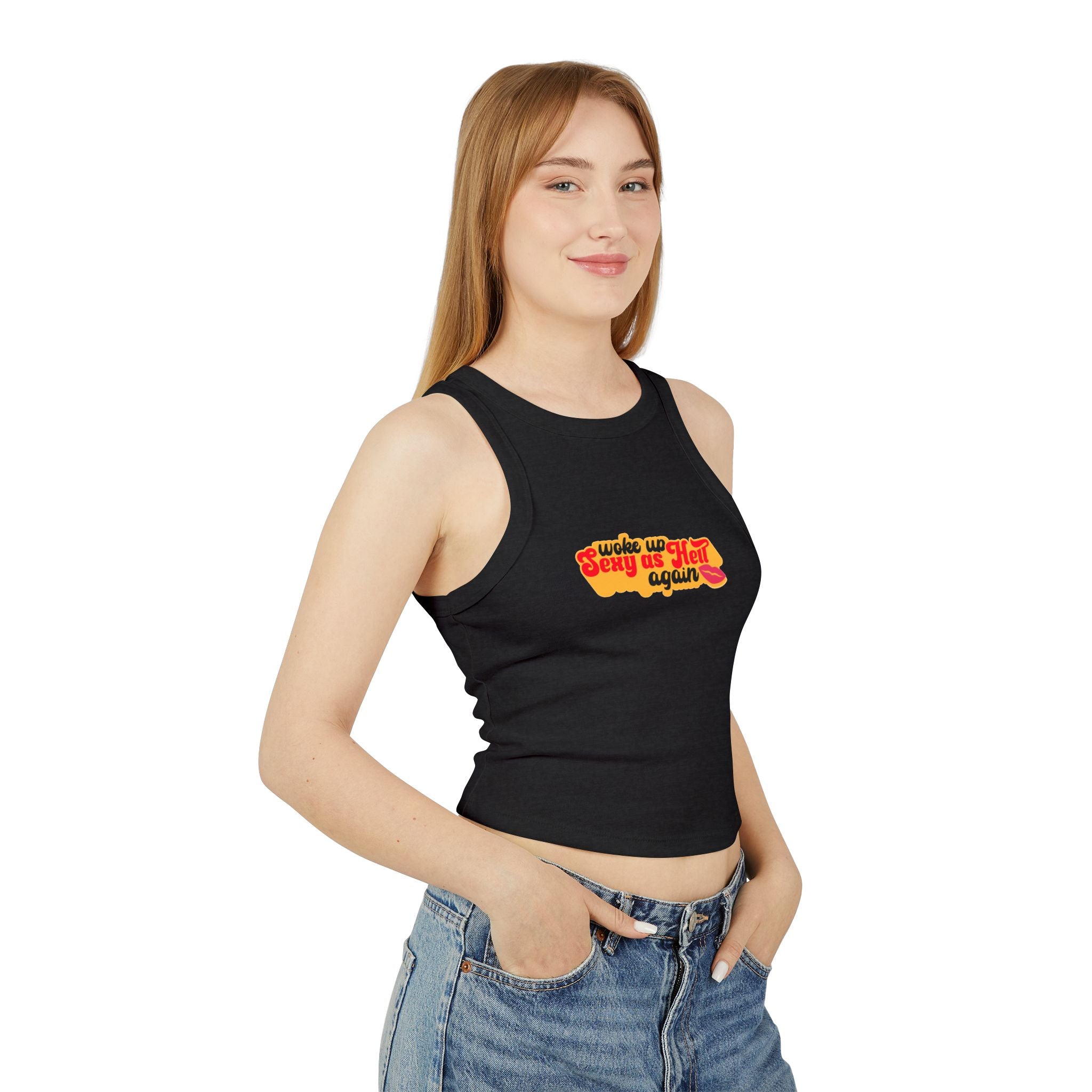 Woke Up Sexy As Hell Again Racer Tank Top | Retro Script, Lip Graphic