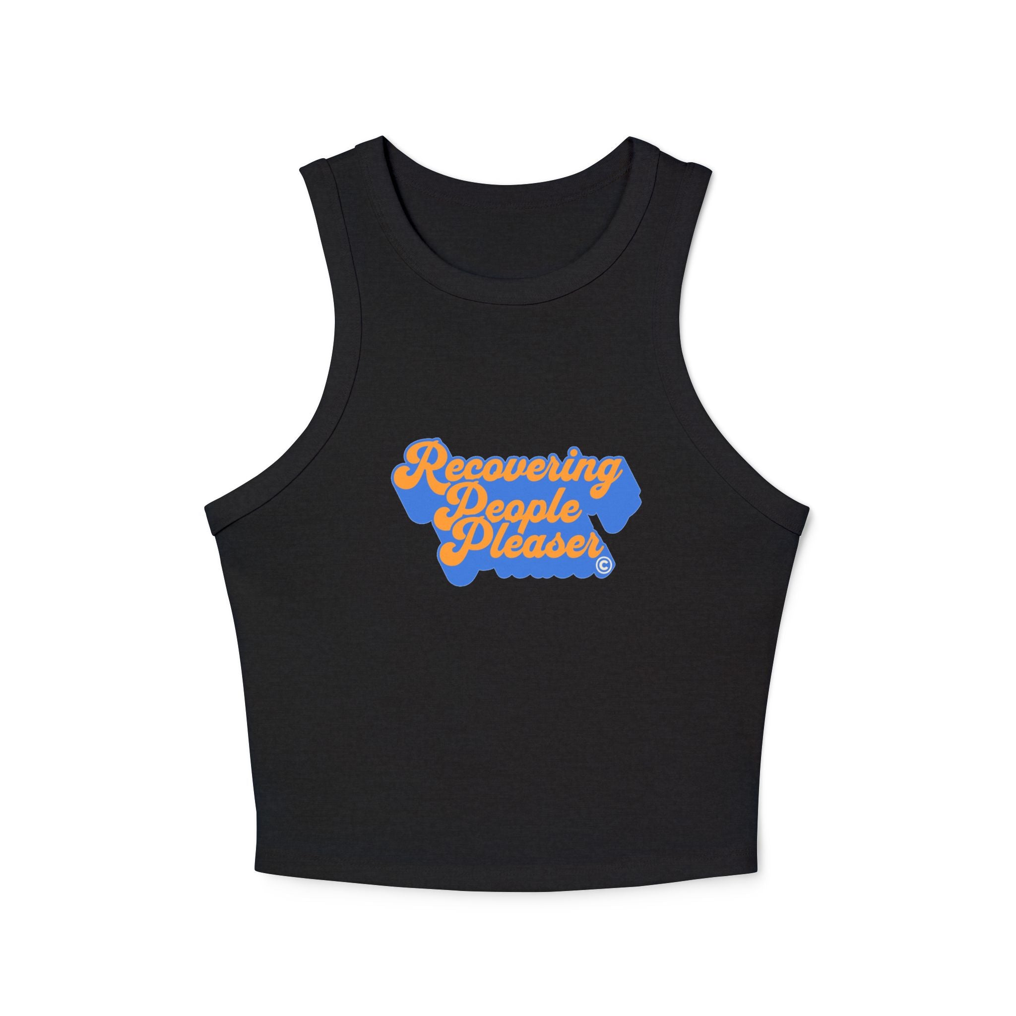 Recovering People Pleaser Racer Tank Top | Retro Script Mental Health (orange on blue)