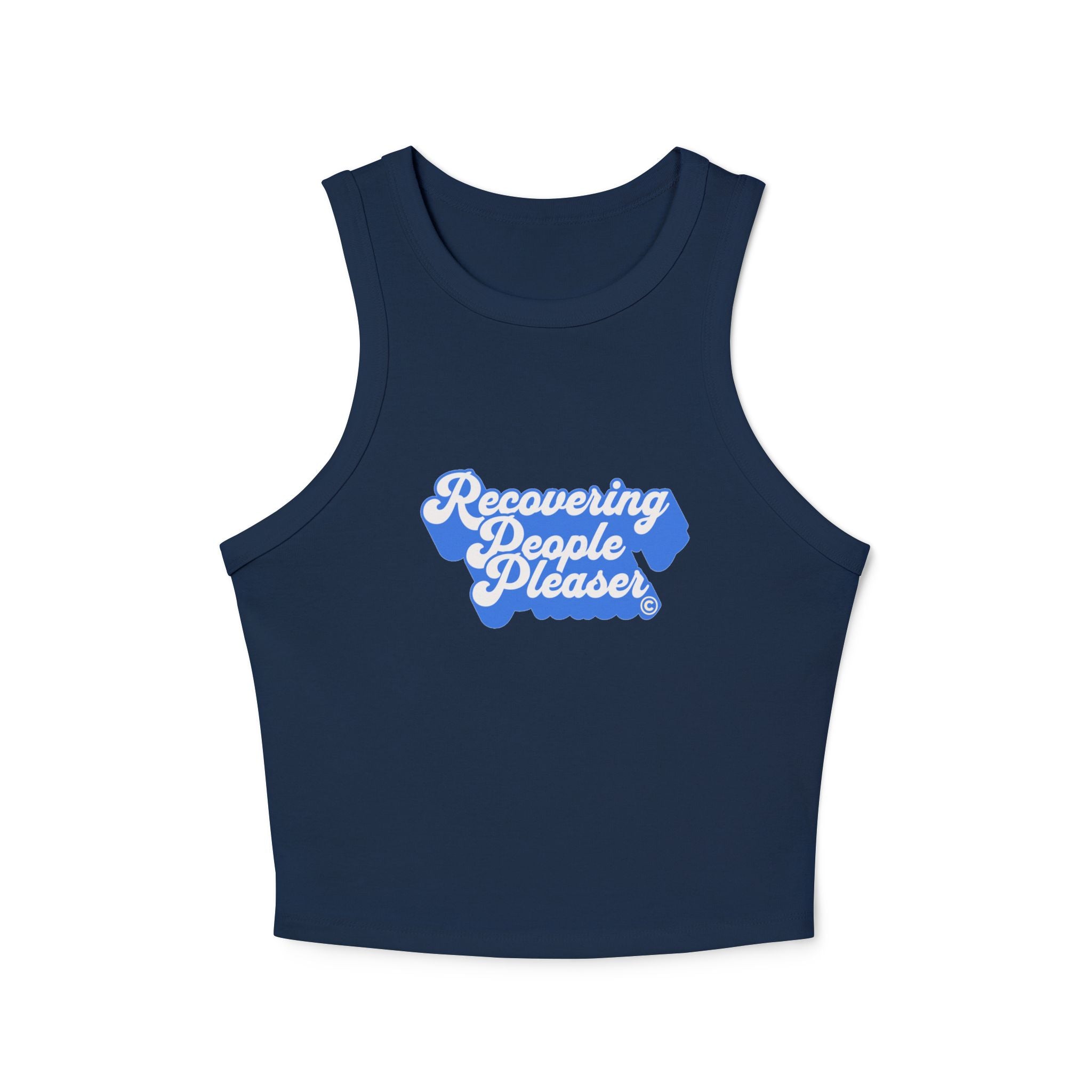 Recovering People Pleaser Racer Tank Top (White on Blue)