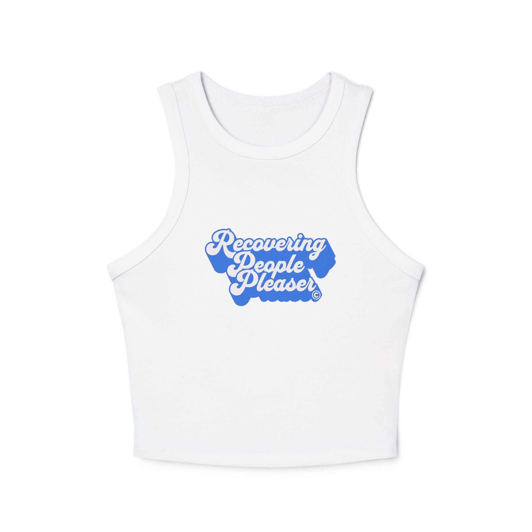 Recovering People Pleaser Racer Tank Top (White on Blue)