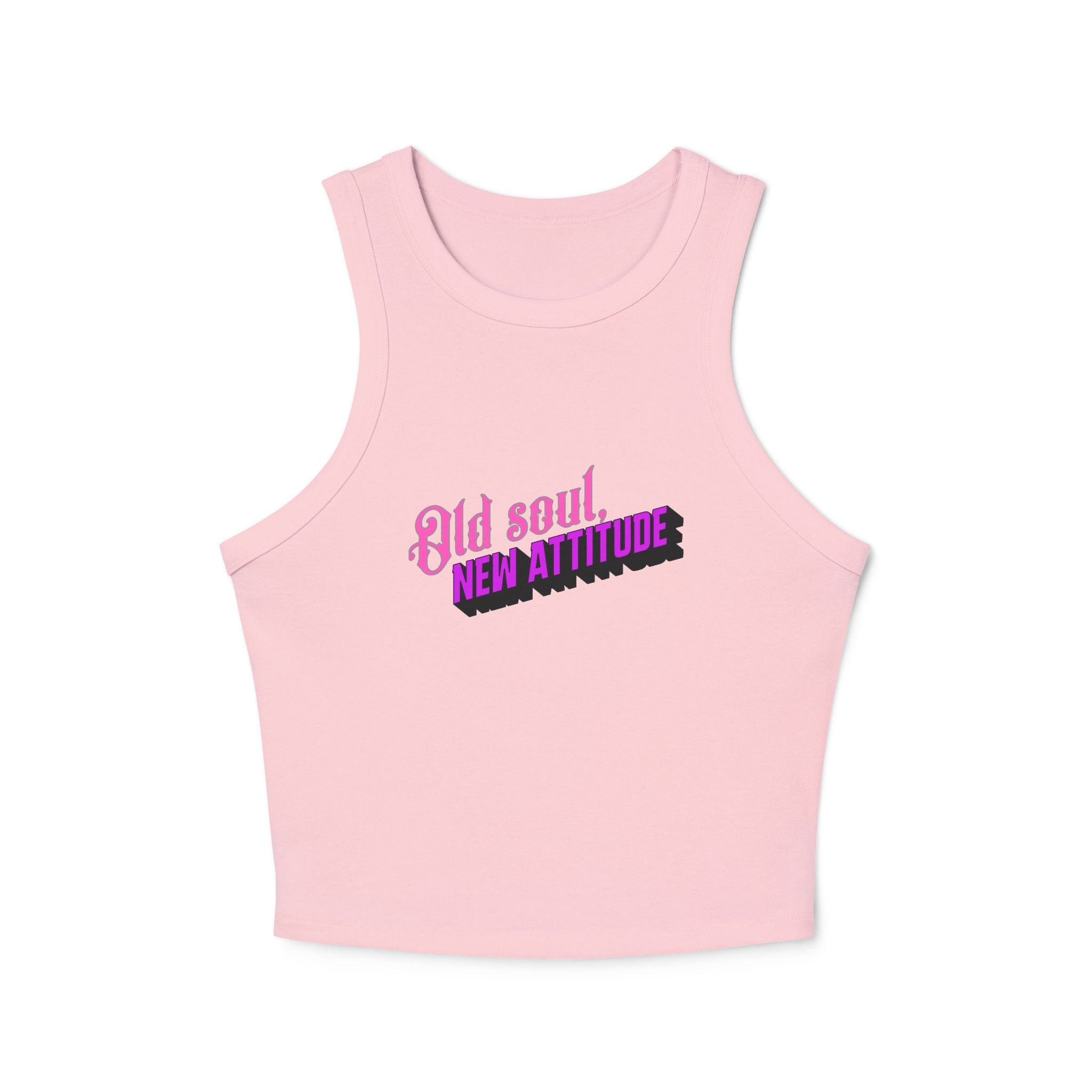 Old Soul New Attitude Tank Top | Retro Script, Pink & Black Text