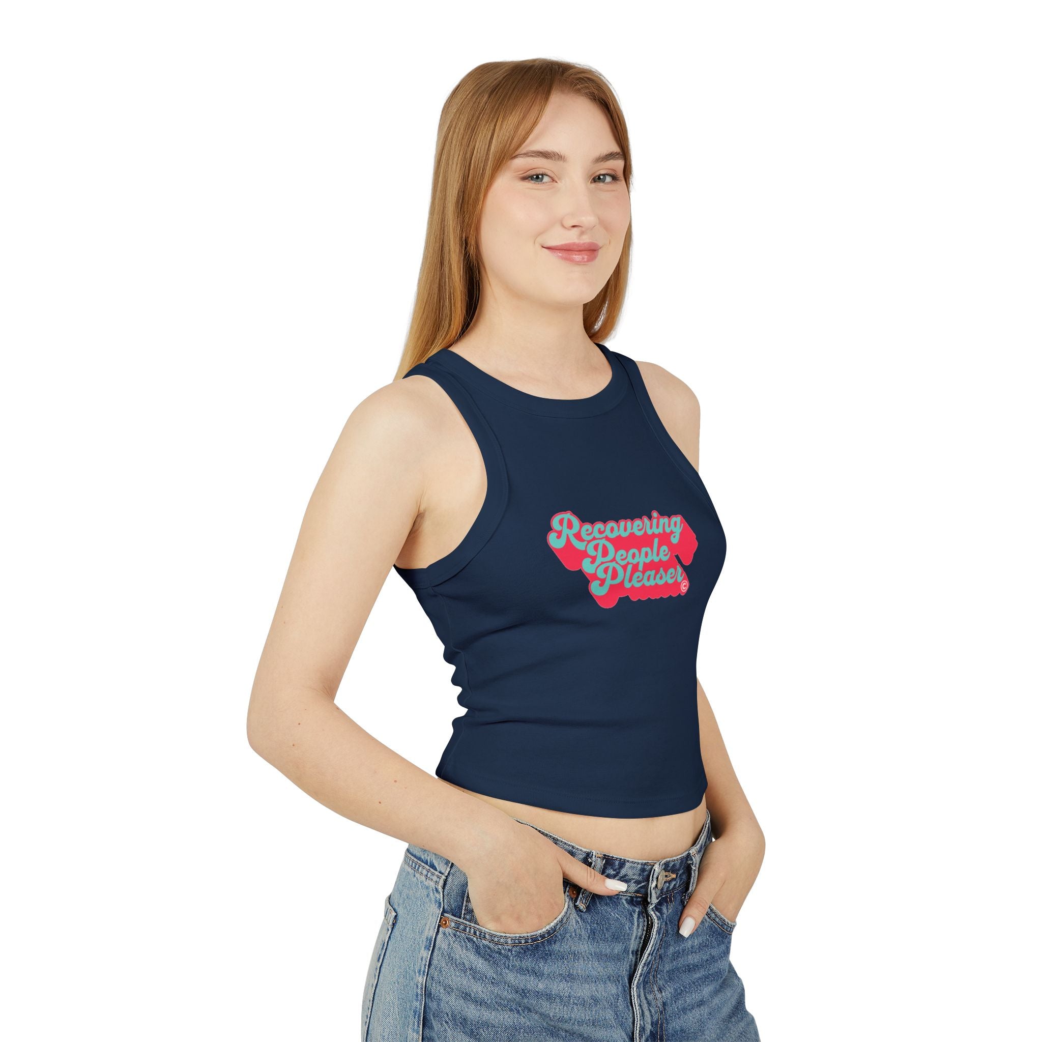 Recovering People Pleaser Racer Tank Top (Teal on Coral)