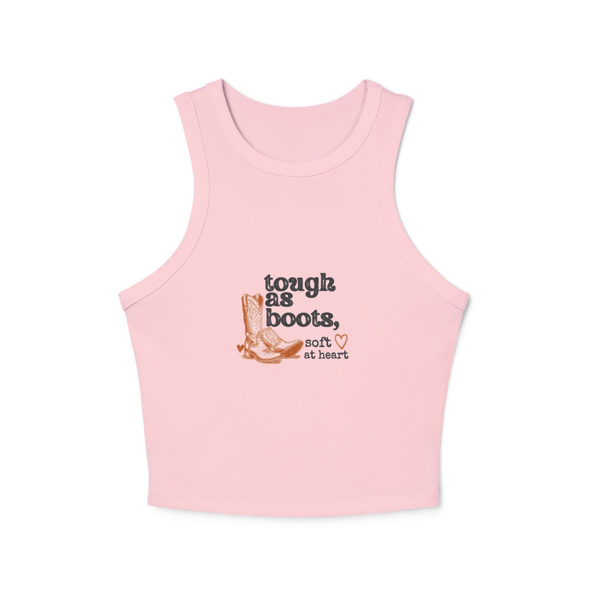 Tough As Boots graphic Racer Tank | cowboy boot illustration, western heart text