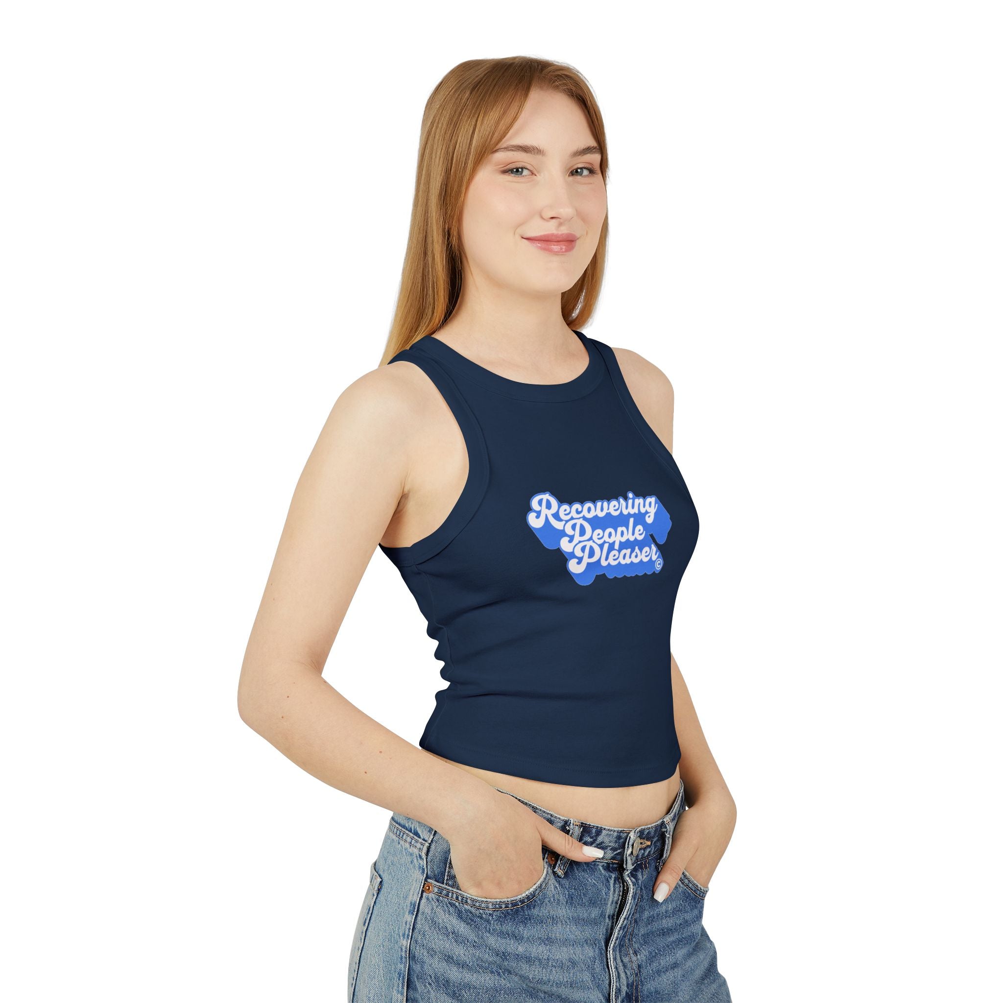 Recovering People Pleaser Racer Tank Top (White on Blue)