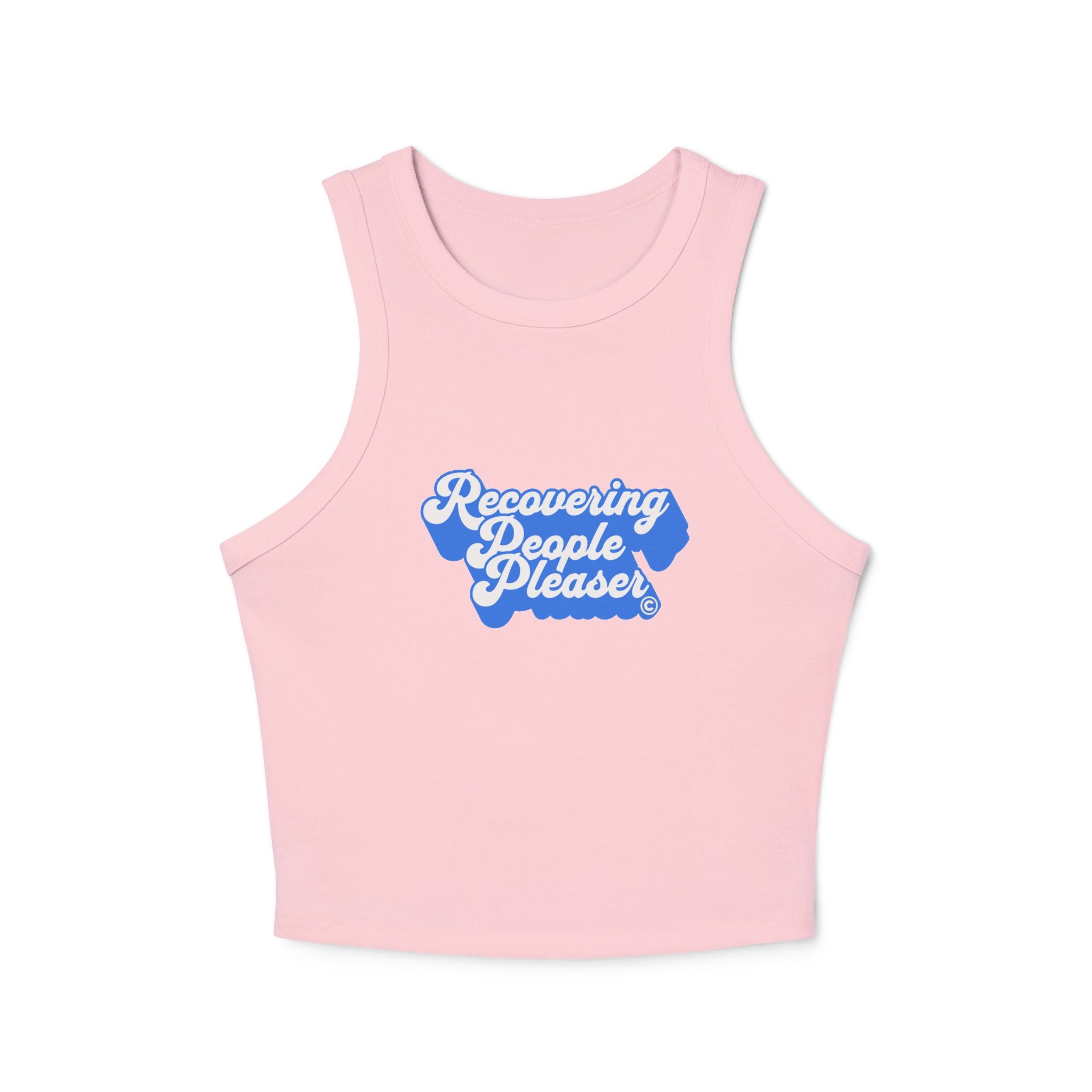 Recovering People Pleaser Racer Tank Top (White on Blue)