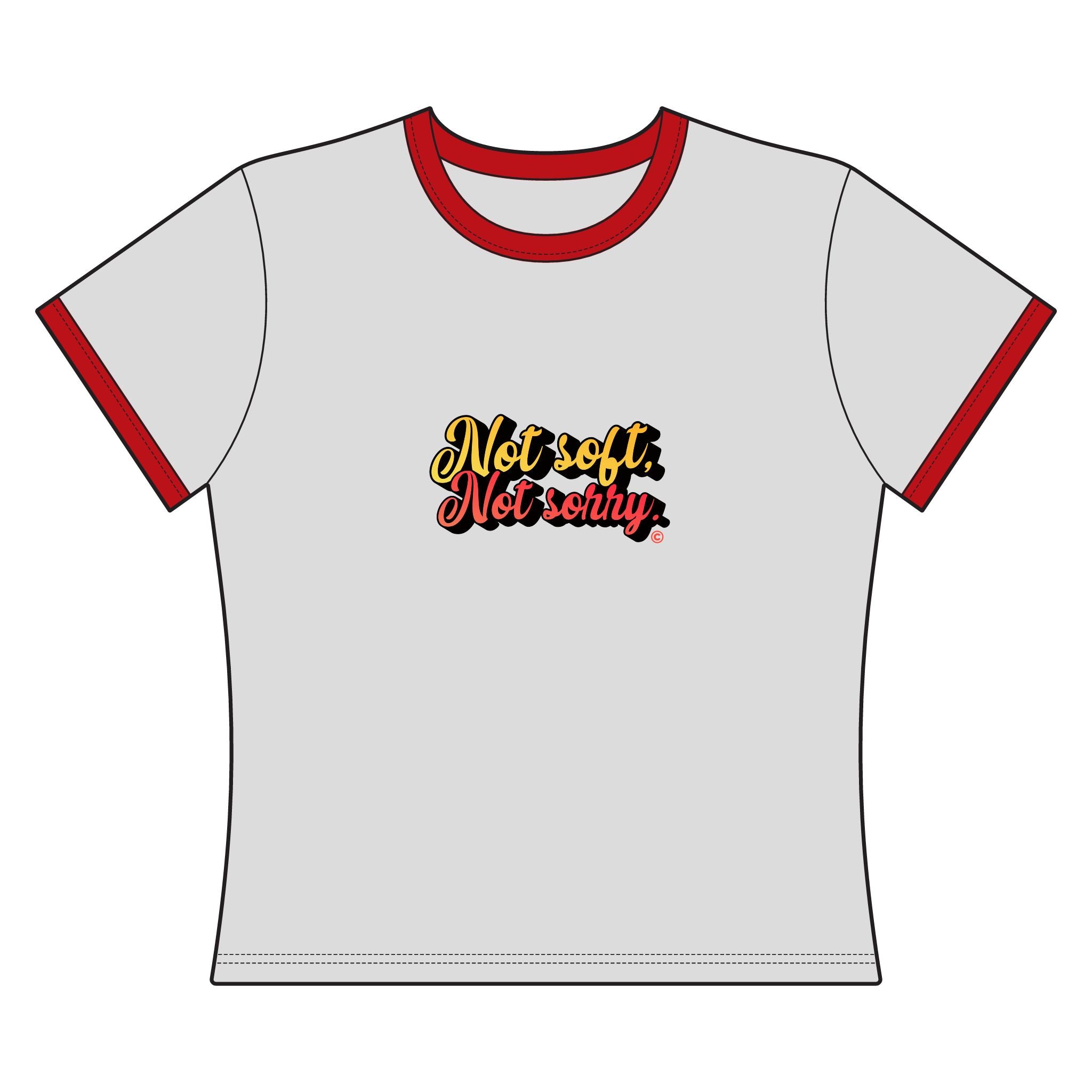 Not Soft, Not Sorry ringer tee | retro script, yellow & red lettering