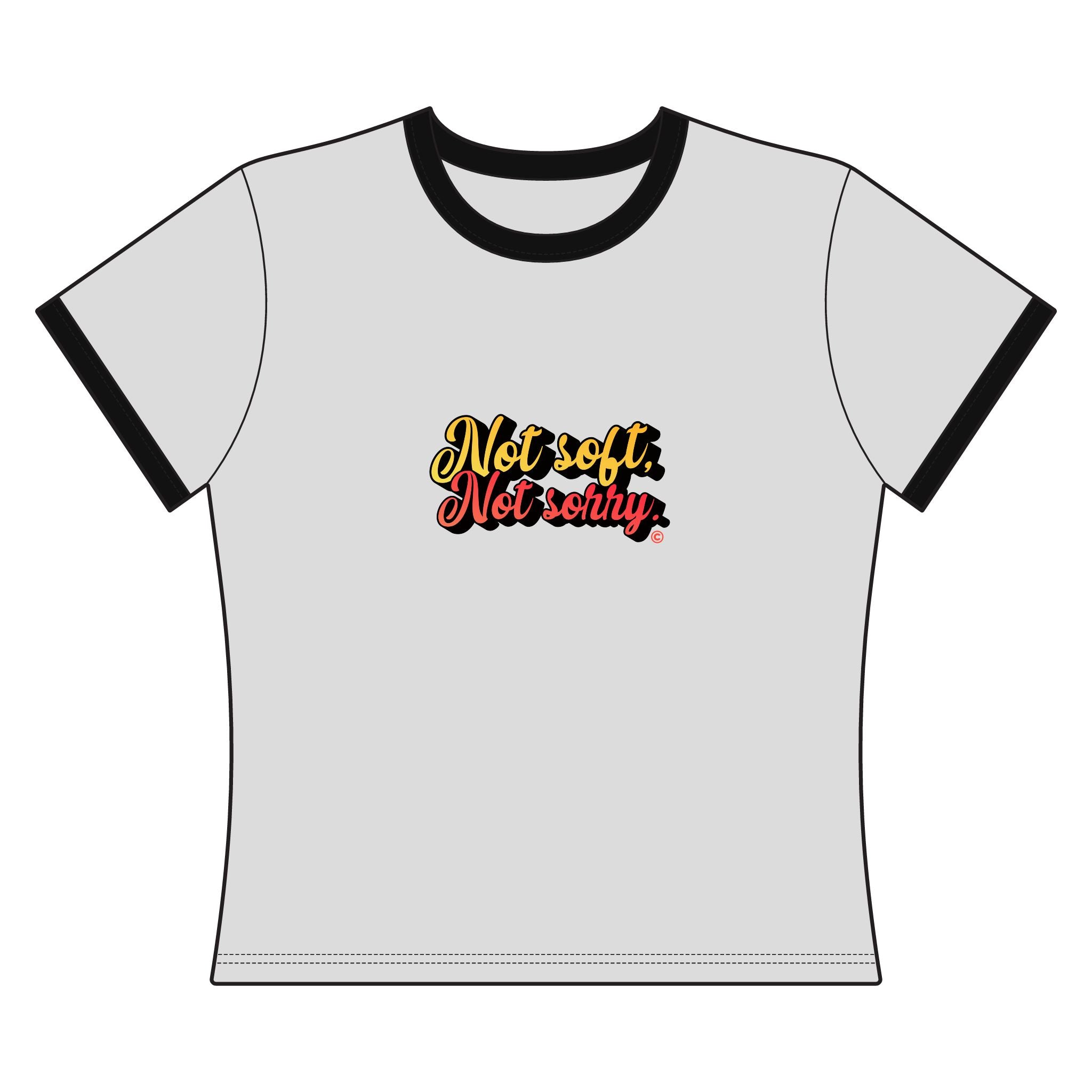 Not Soft, Not Sorry ringer tee | retro script, yellow & red lettering