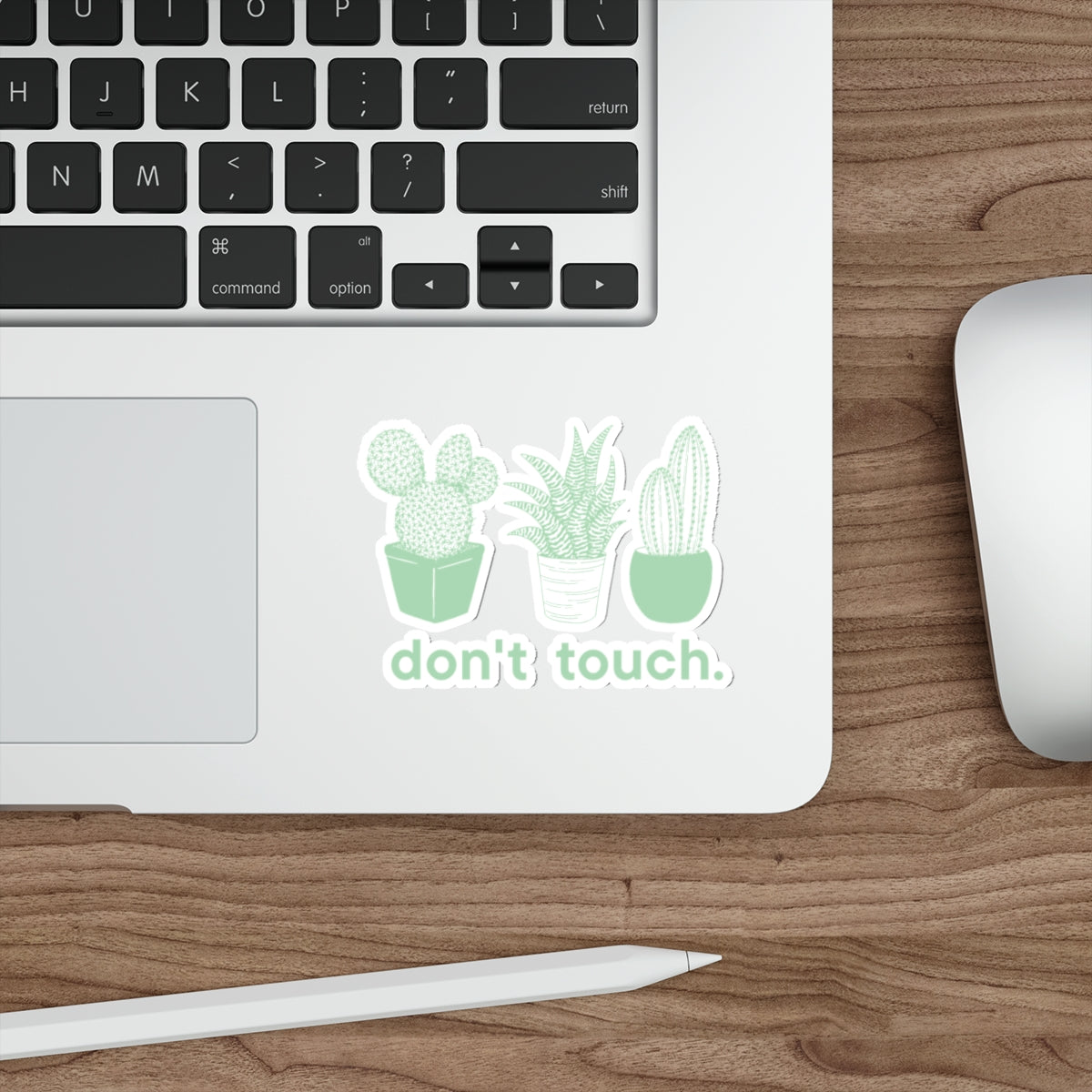Don’t Touch Plant Sticker — Die-Cut Cactus & Succulent Decal (green on green)