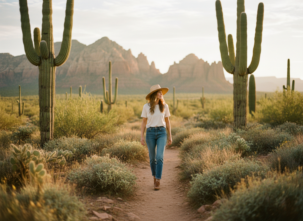 Woman walking a desert trail among saguaro cactus at golden hour - Frontier Apparel